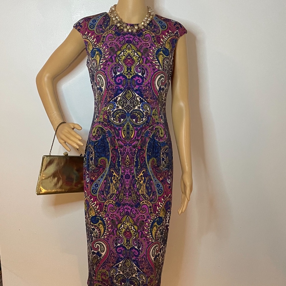 Purple green yellow navy paisley sheath midi dress